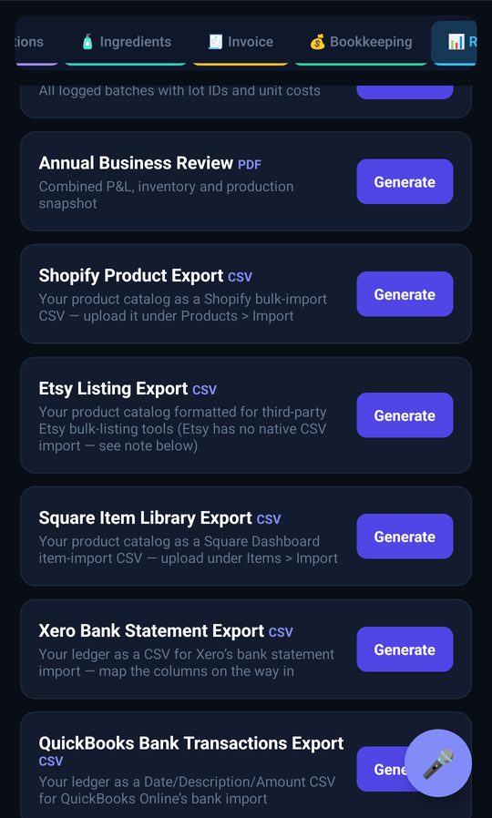 Report and export centre with Shopify, Etsy, Square, Xero and QuickBooks exports